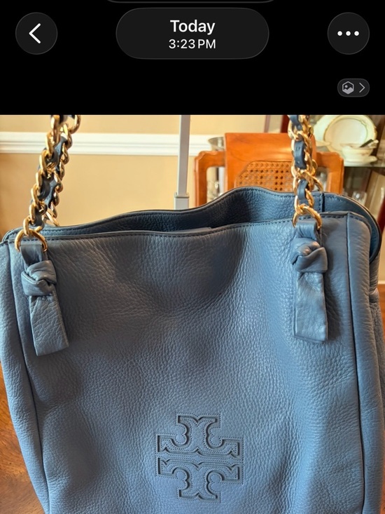 NWOT Tory Burch Harper Pebbled Leather Shoulder Tote w/Chain Straps - Slate Blue